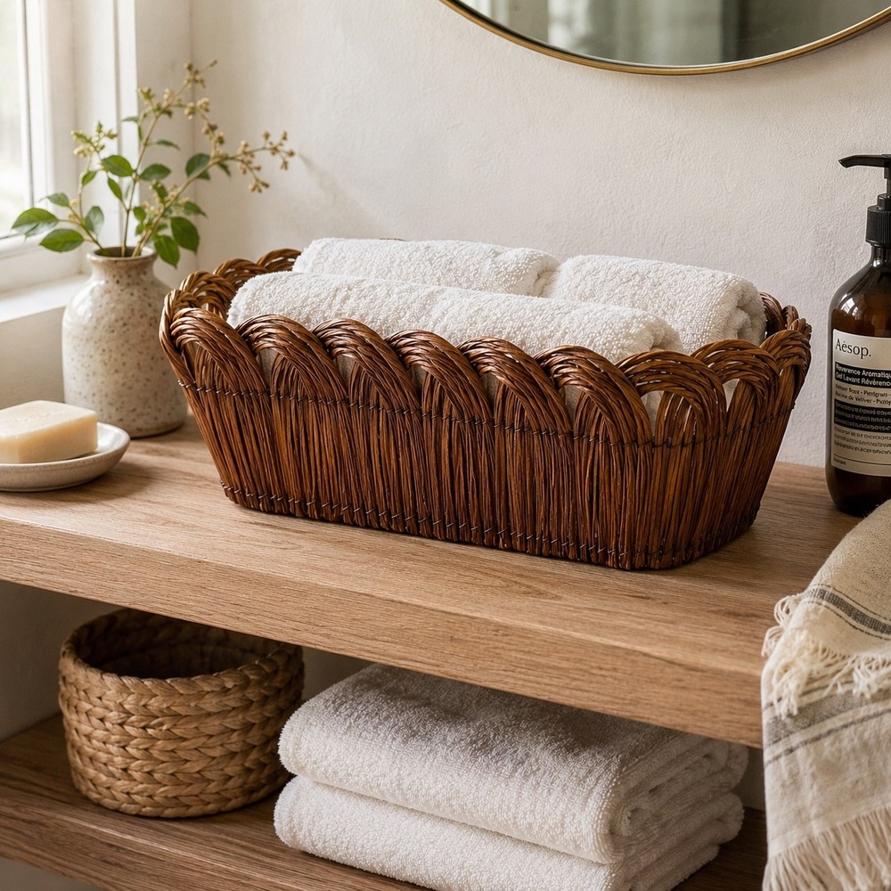 Vintage Wicker Bathroom Basket Scalloped Storage Basket Hand Towel Organizer